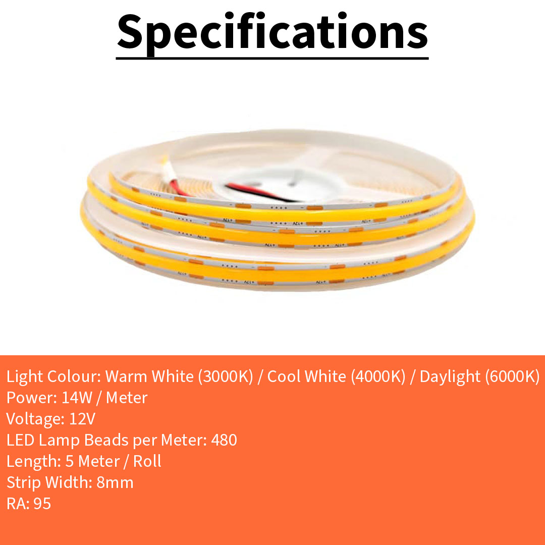 8MM 12V COB 1M /480 LED Strip Light