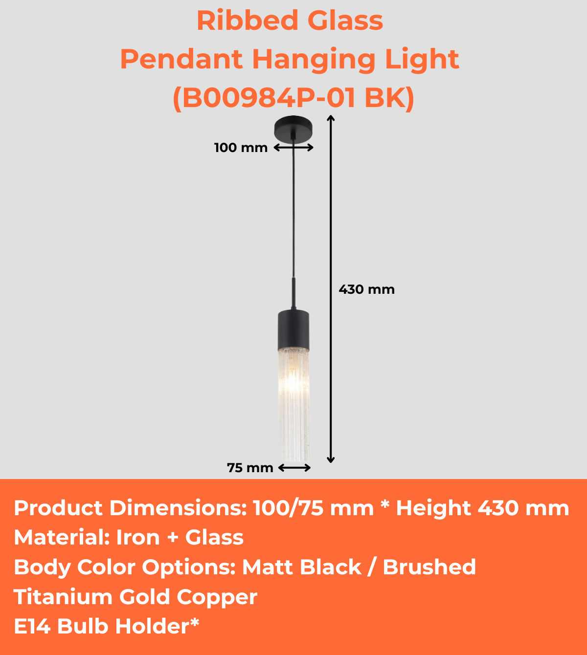 Ribbed Glass Pendant Hanging Light (B00984P-01 BK/GD)