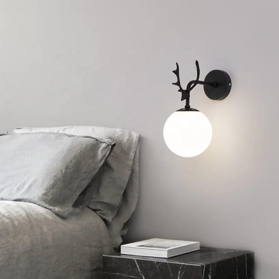 Black Antler Wall Light with White Globe Shade (2885)