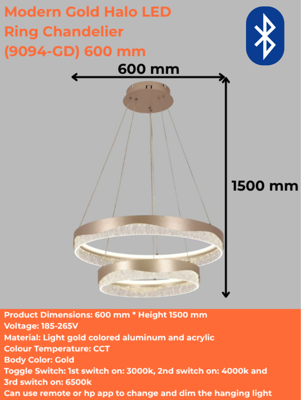 Modern Gold Halo LED Ring Chandelier (9094-GD) 600 mm