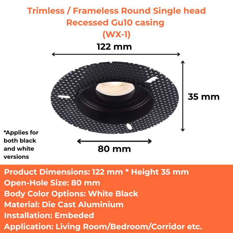 Trimless / Frameless Round Single head Recessed Gu10 casing (WX-1)