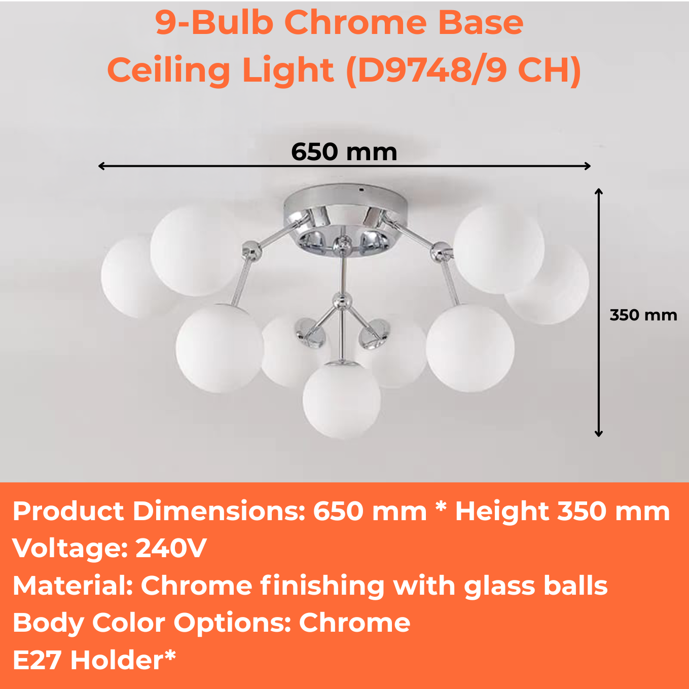 9-Bulb Chrome Base Ceiling Light (D9748/9 CH)