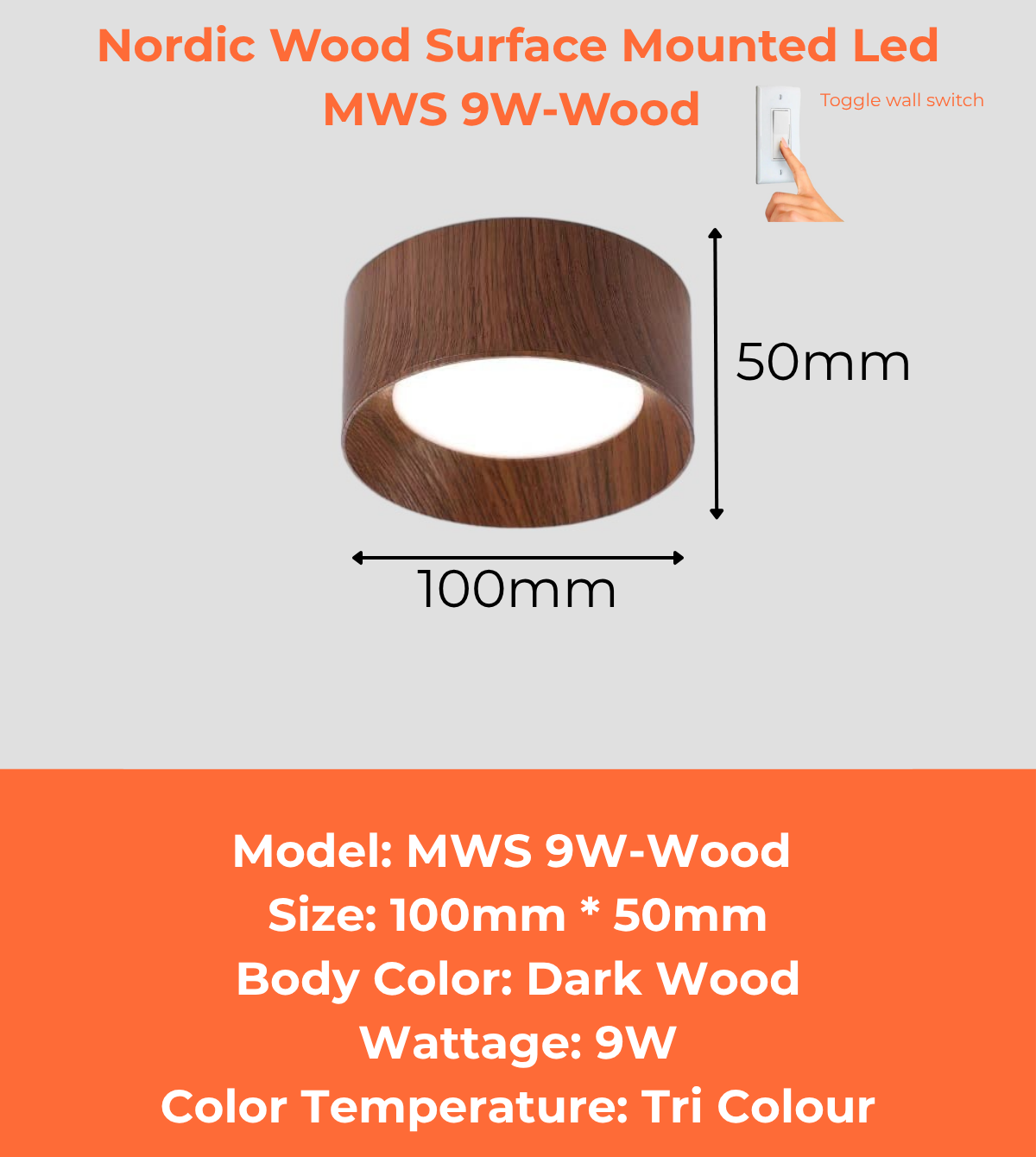 Nordic Wood Surface Mounted Led MWS 9W-Wood Tri Colour