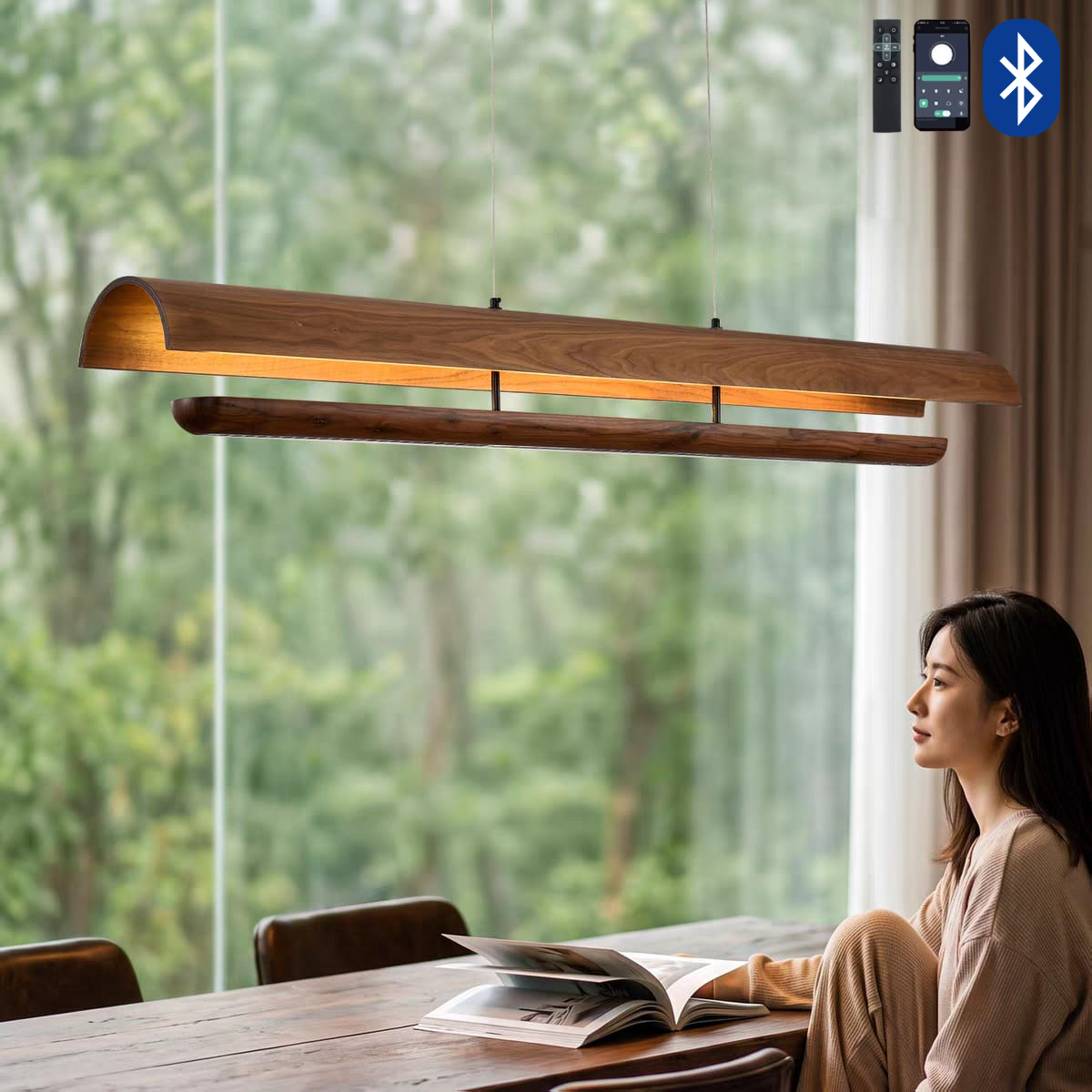 Curved Walnut Wood Linear Pendant Hanging Light