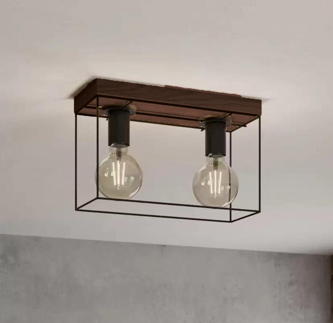 Industrial Ceiling Light with Wood Accents