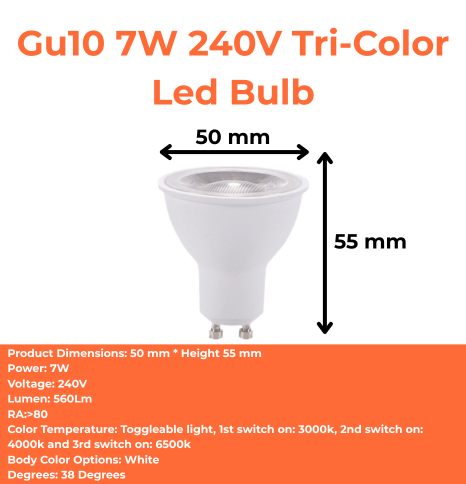 Gu10 7W 240V Tri-Color Led Bulb