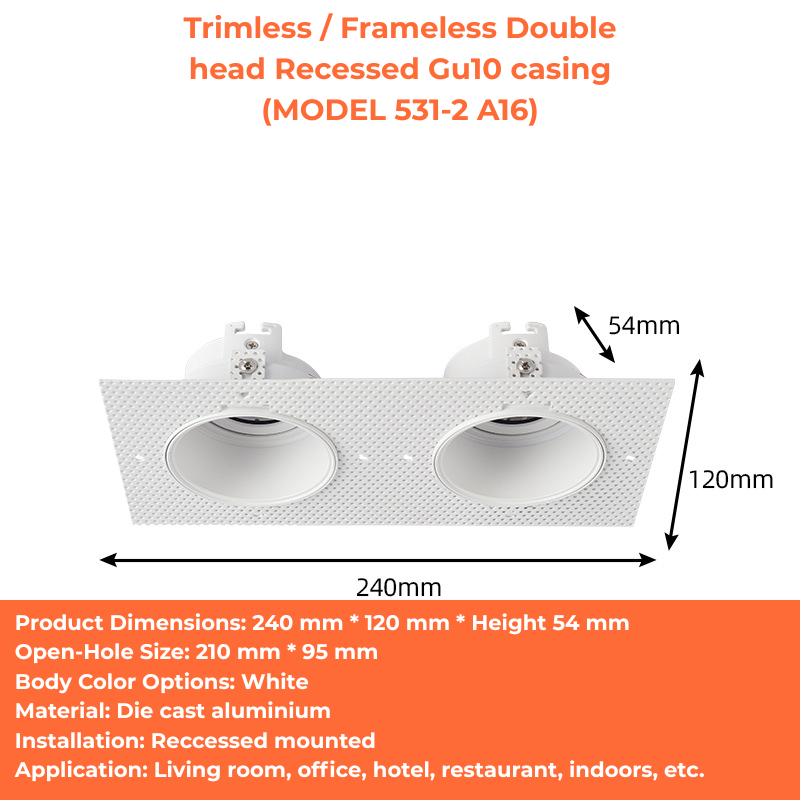 Trimless / Frameless Double head Recessed Gu10 casing (MODEL 531-2 A16)