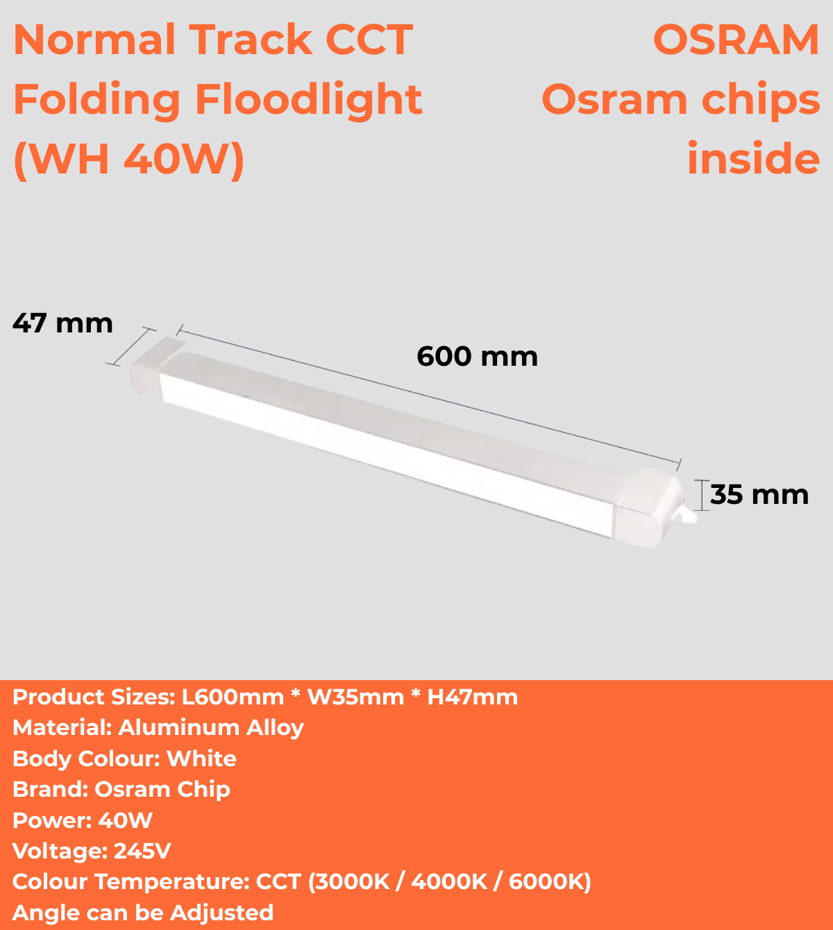 Normal Track CCT Folding Floodlight (WH/BK 10W/20W/40W/60W)