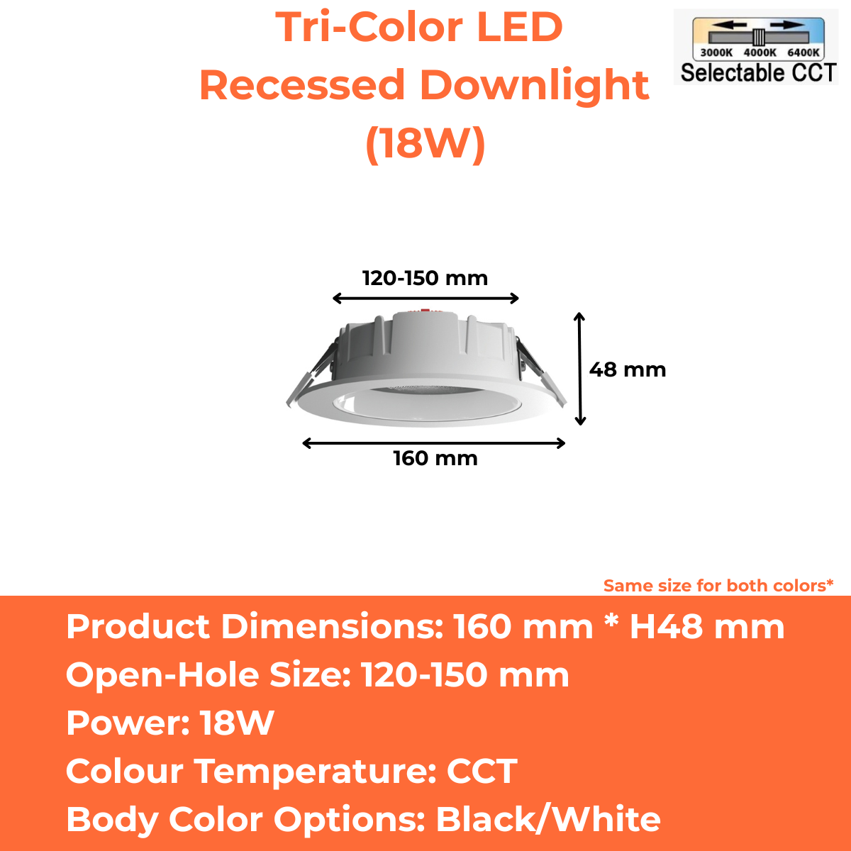 Tri-Color LED Recessed Downlight (9W/13W/18W/23W/37W/36W)