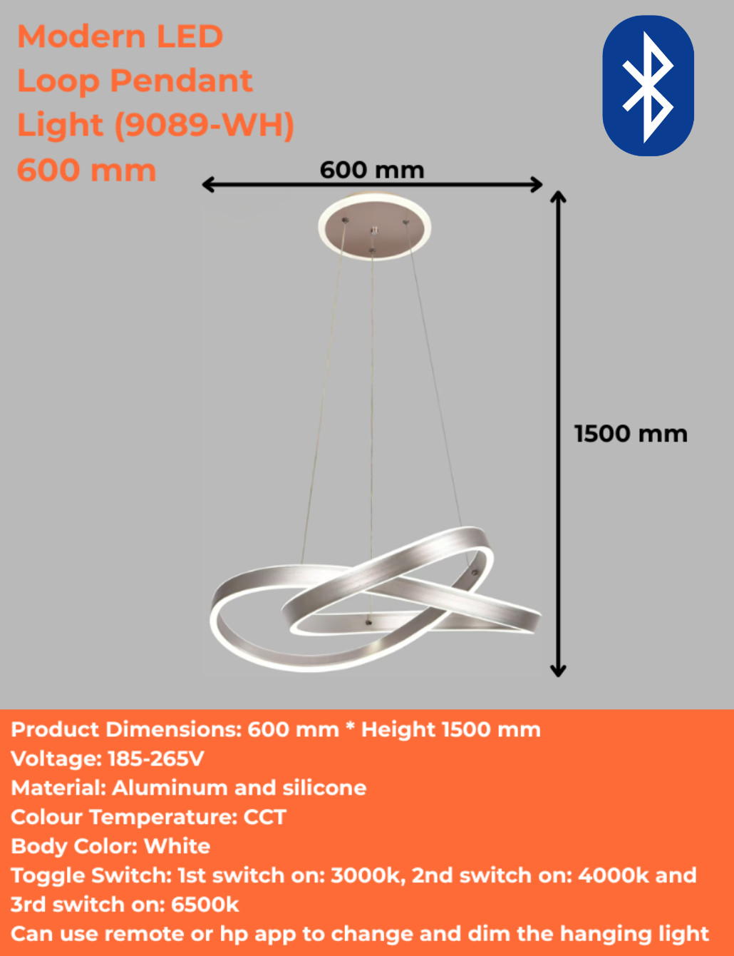 Modern LED Loop Pendant Light (9089-WH) 600 mm