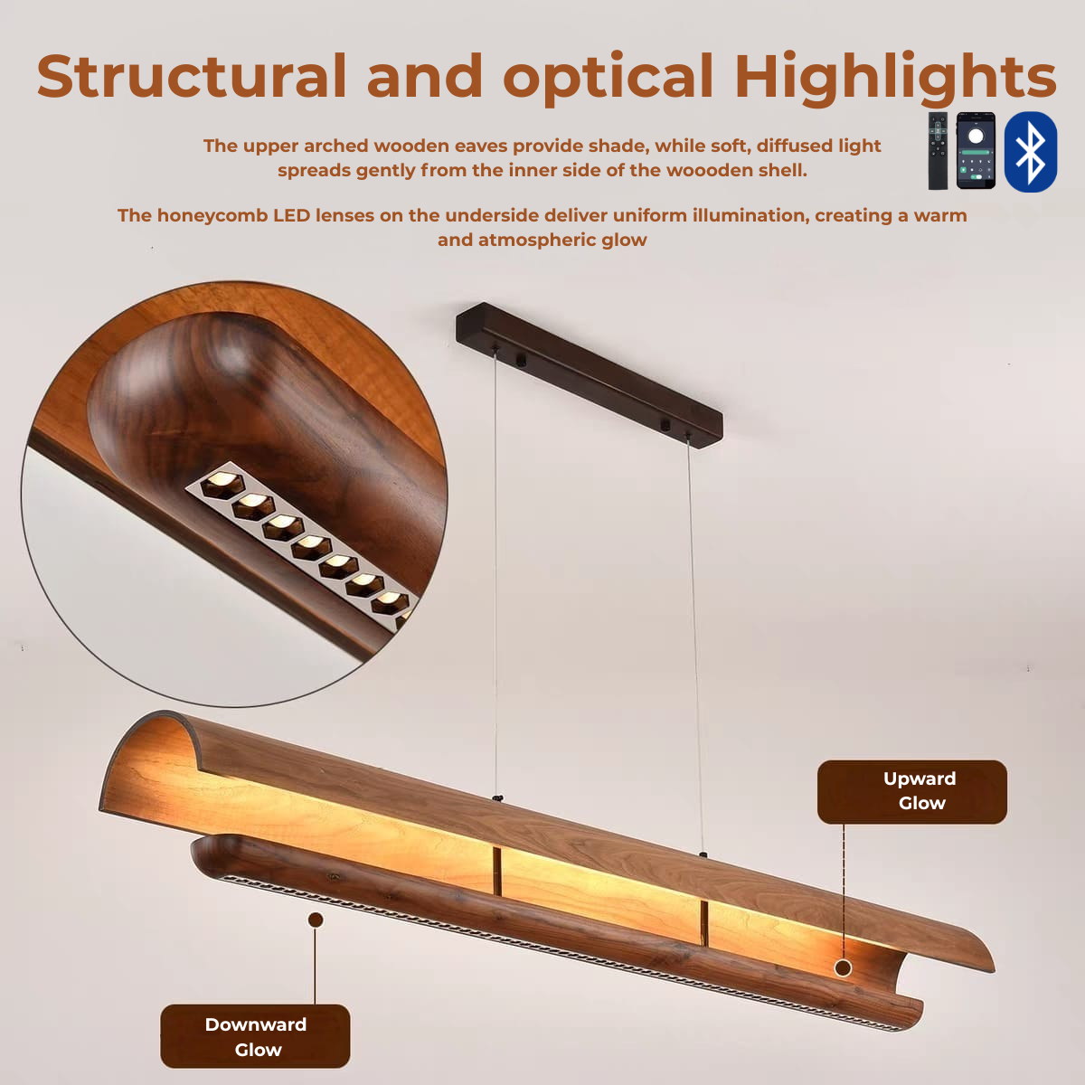 Curved Walnut Wood Linear Pendant Hanging Light