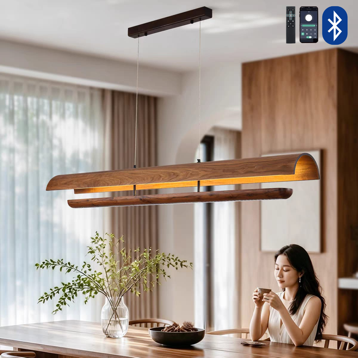 Curved Walnut Wood Linear Pendant Hanging Light