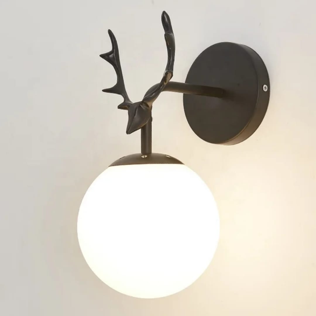 Black Antler Wall Light with White Globe Shade (2885)