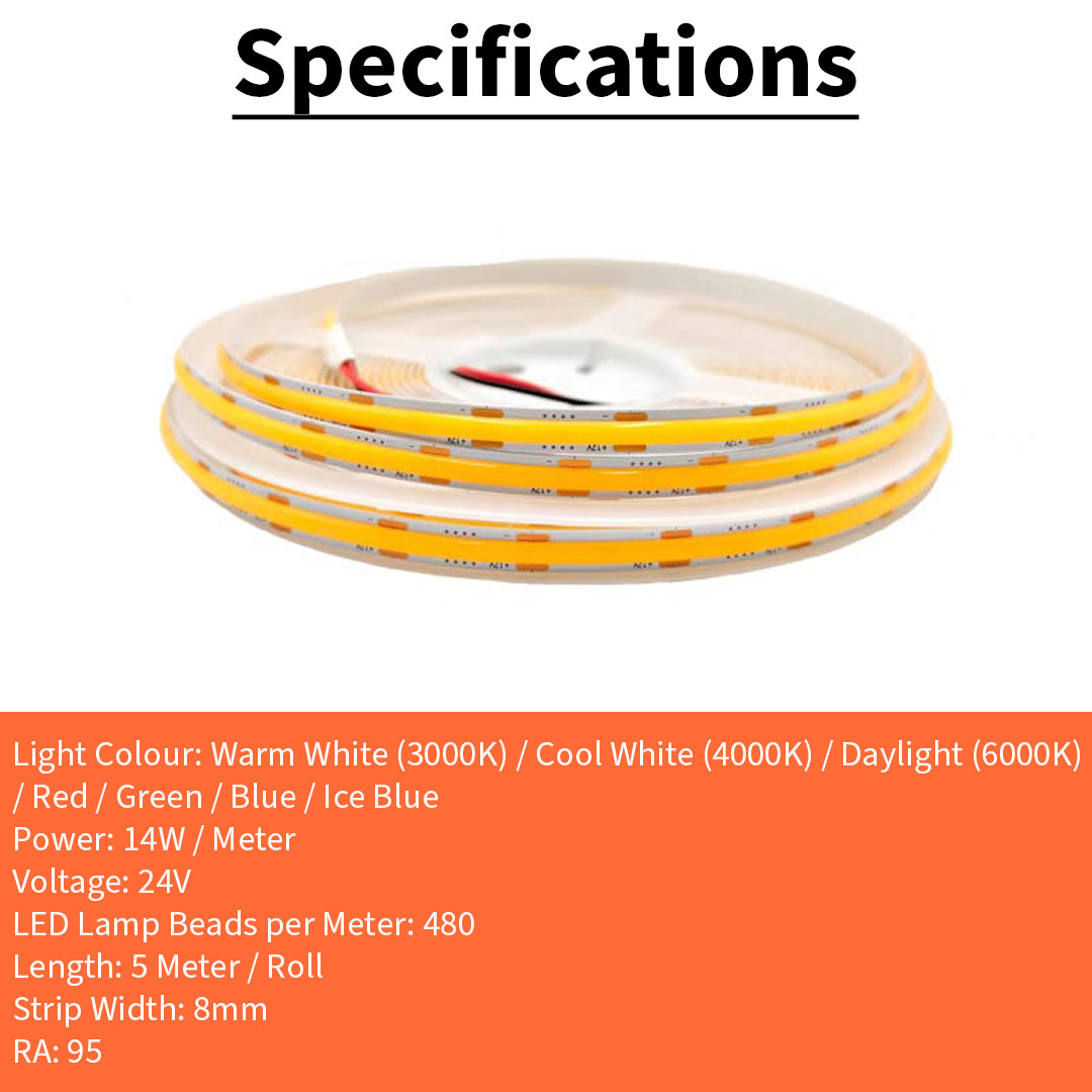 8MM 24V COB 1M /480 LED Strip Light