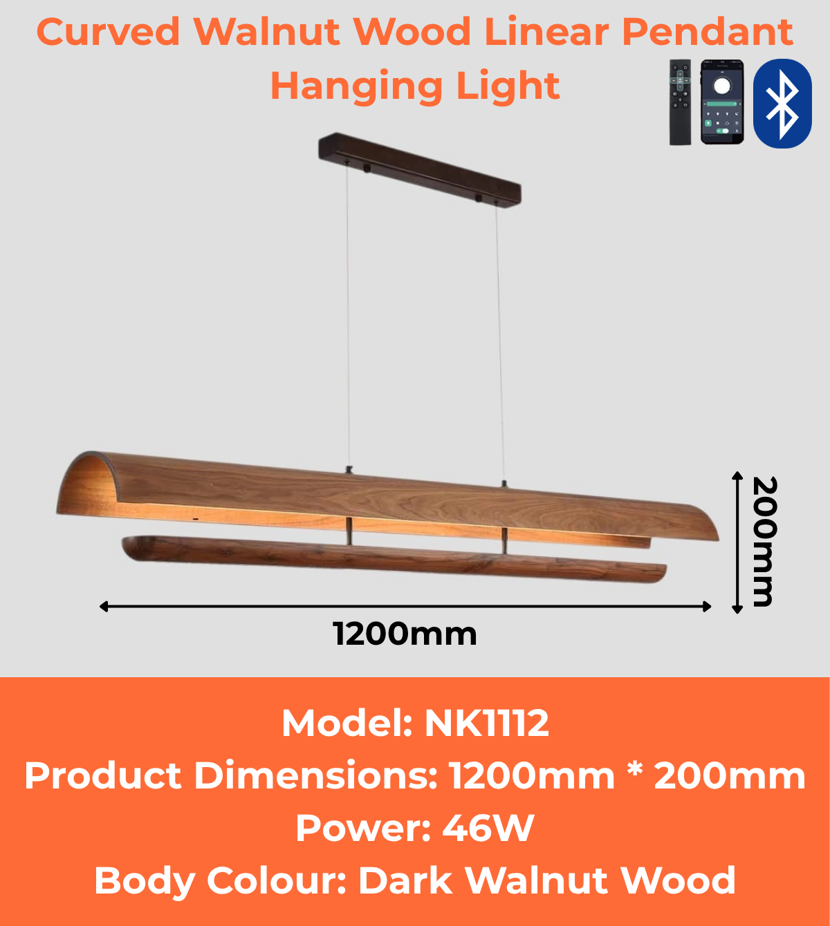 Curved Walnut Wood Linear Pendant Hanging Light