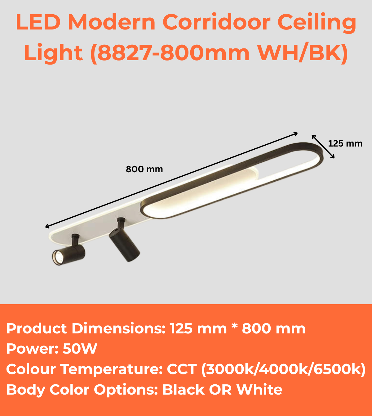 LED Modern Corridoor Ceiling Light (8827-800mm WH/BK)