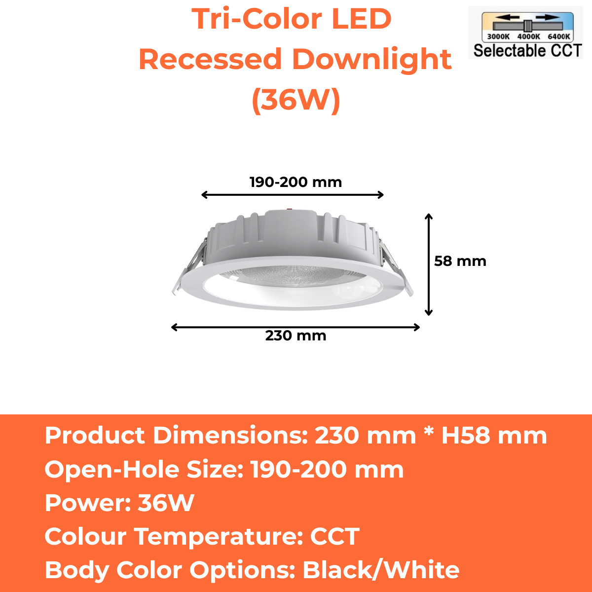Tri-Color LED Recessed Downlight (9W/13W/18W/23W/37W/36W)