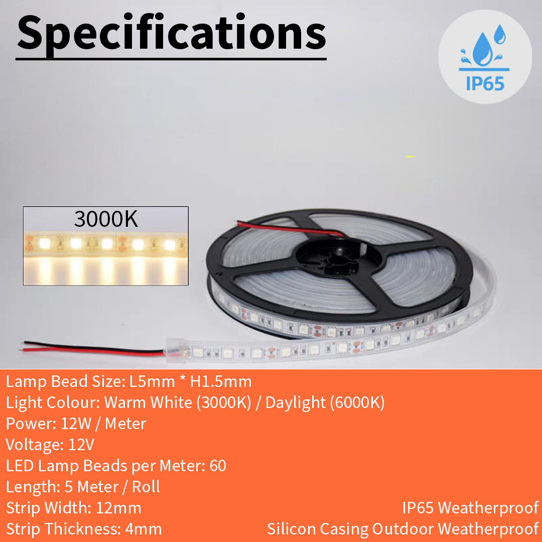 12V 5050 1M / 60 LED Strip Light Weatherproof (5050 IP65)