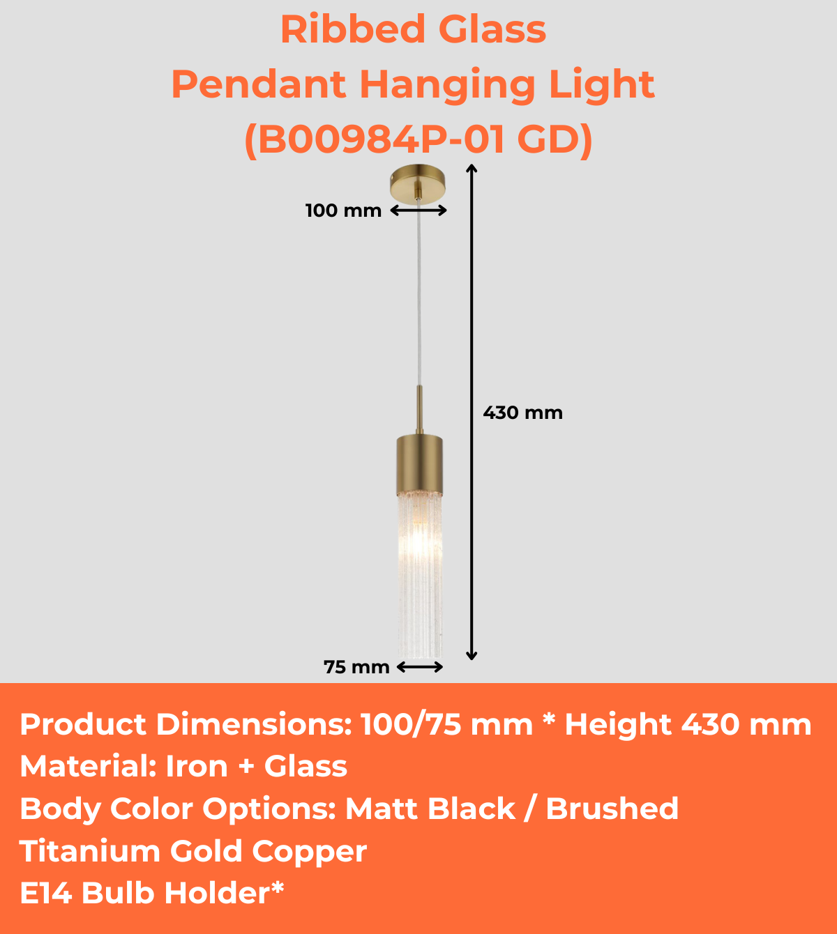 Ribbed Glass Pendant Hanging Light (B00984P-01 BK/GD)