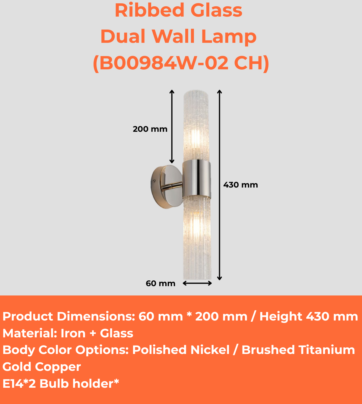 Ribbed Glass Dual Wall Lamp (B00984W-02 CH/GD)