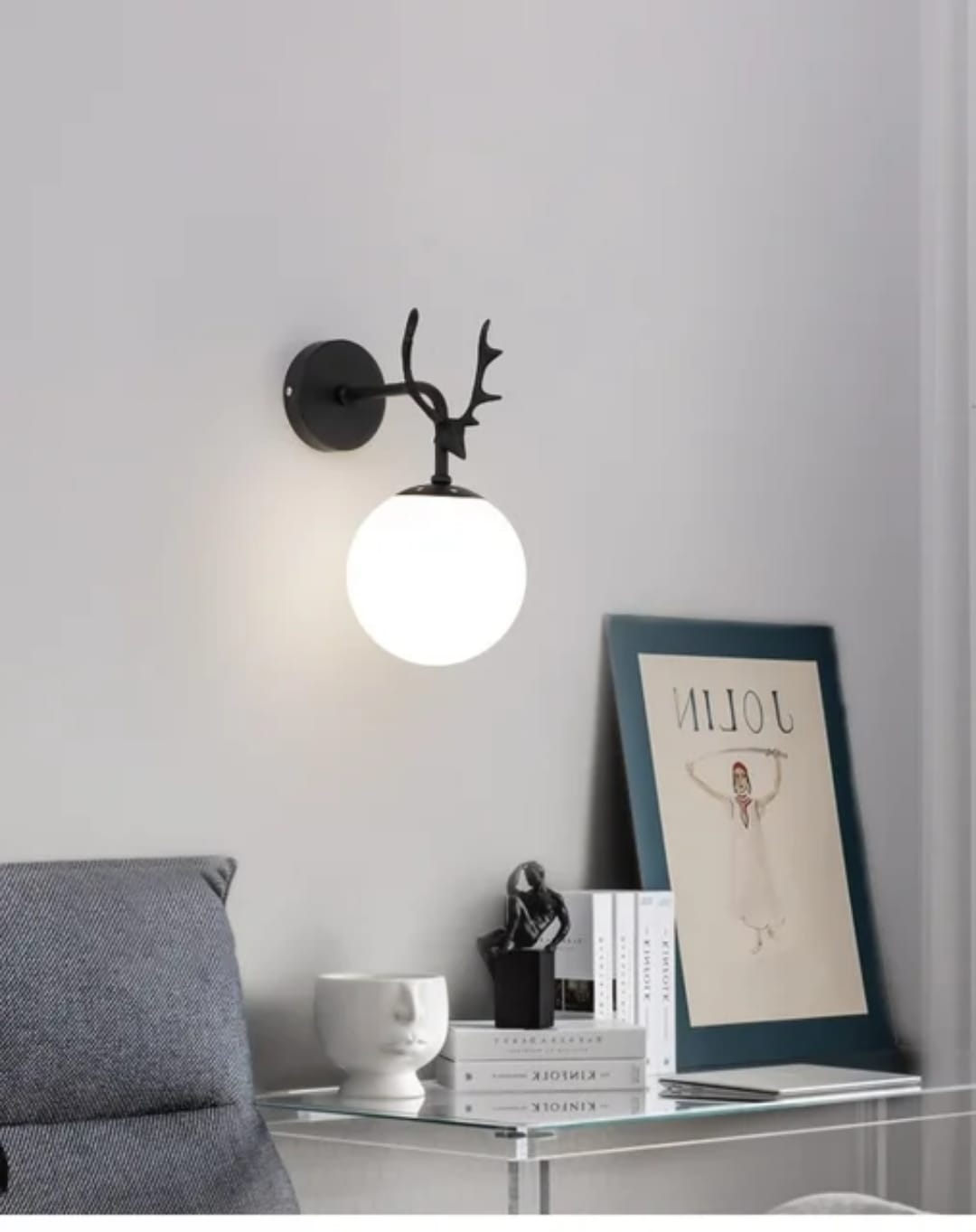 Black Antler Wall Light with White Globe Shade (2885)
