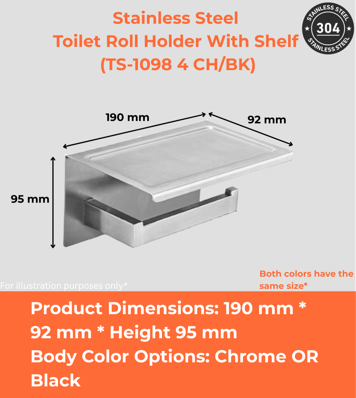 Stainless Steel Toilet Roll Holder With Shelf (TS-1098 4 CH/BK)