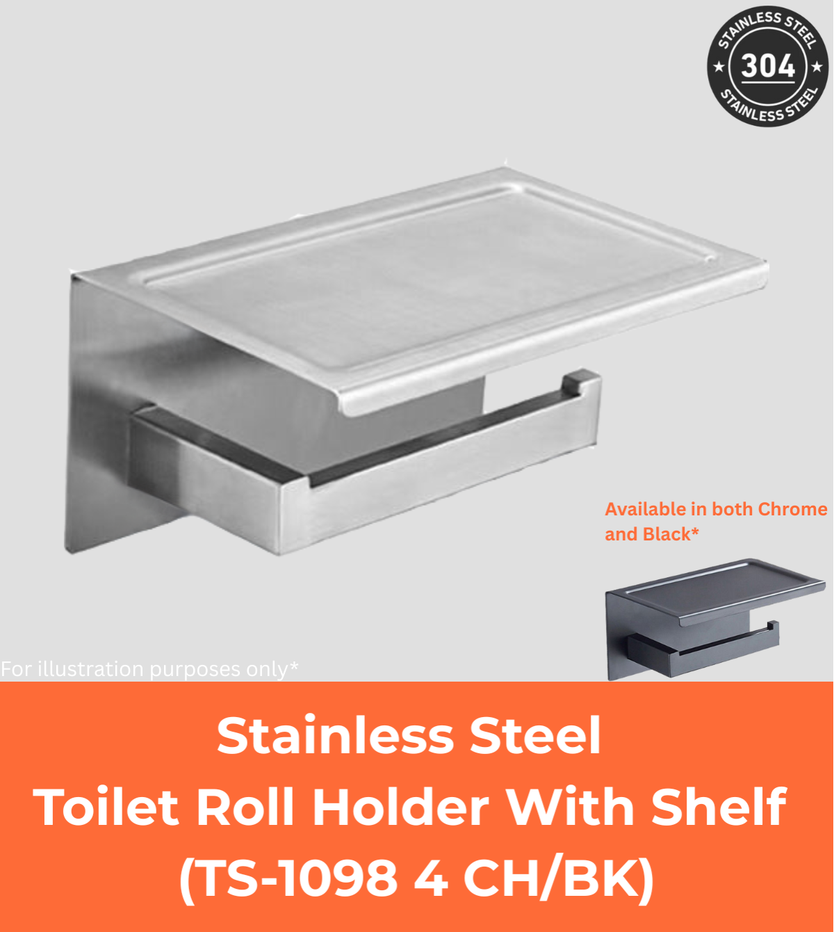 Stainless Steel Toilet Roll Holder With Shelf (TS-1098 4 CH/BK)