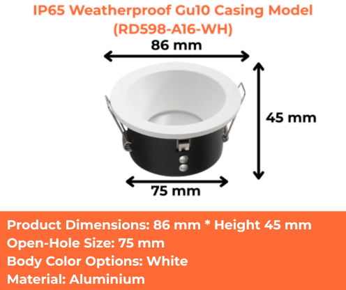 IP65 Weatherproof Gu10 Casing Model (RD598-A16-WH)