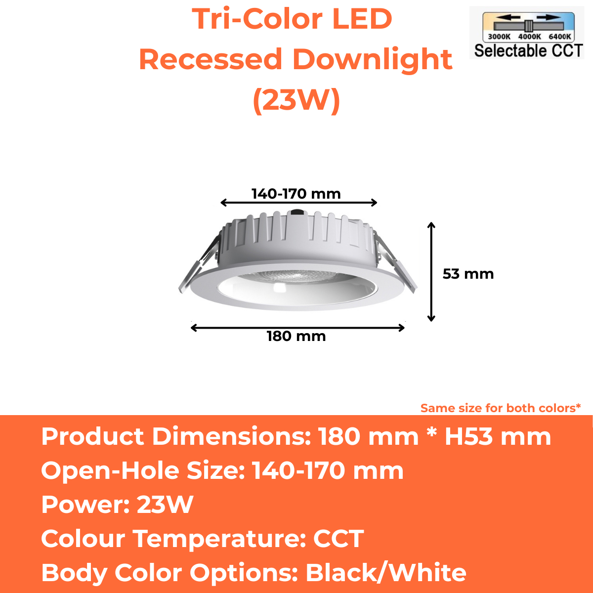 Tri-Color LED Recessed Downlight (9W/13W/18W/23W/37W/36W)