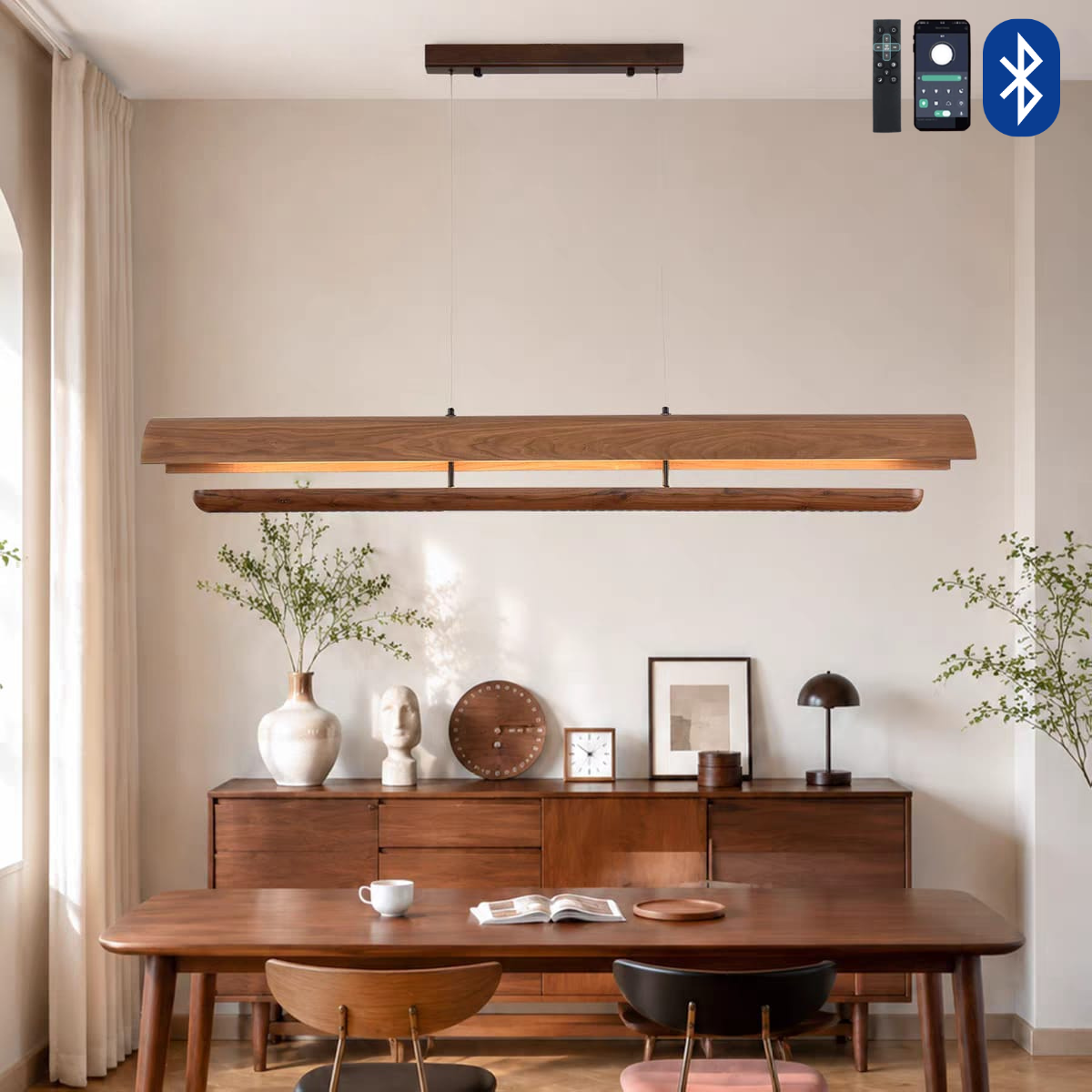 Curved Walnut Wood Linear Pendant Hanging Light